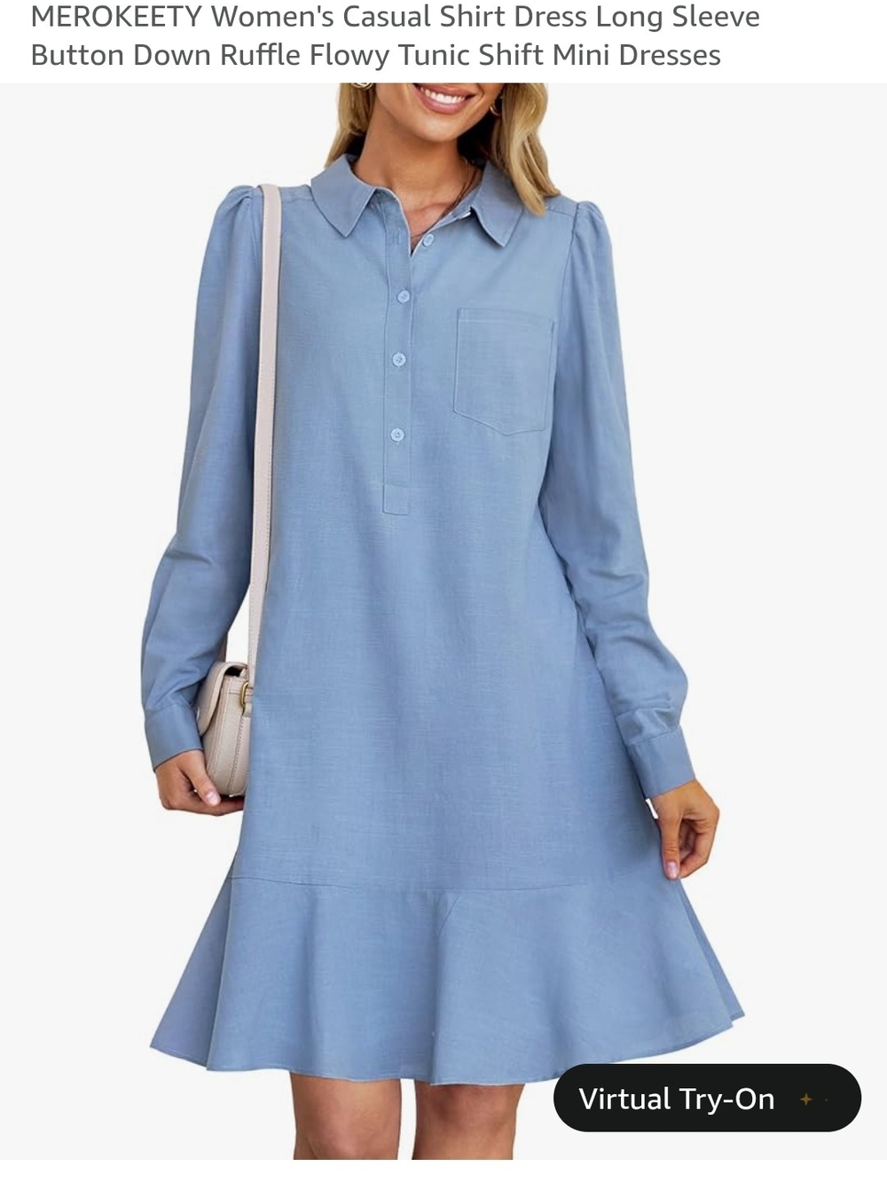 Amazon Light Blue Long Sleeve Button Shirt Dress with Ruffle Hem
